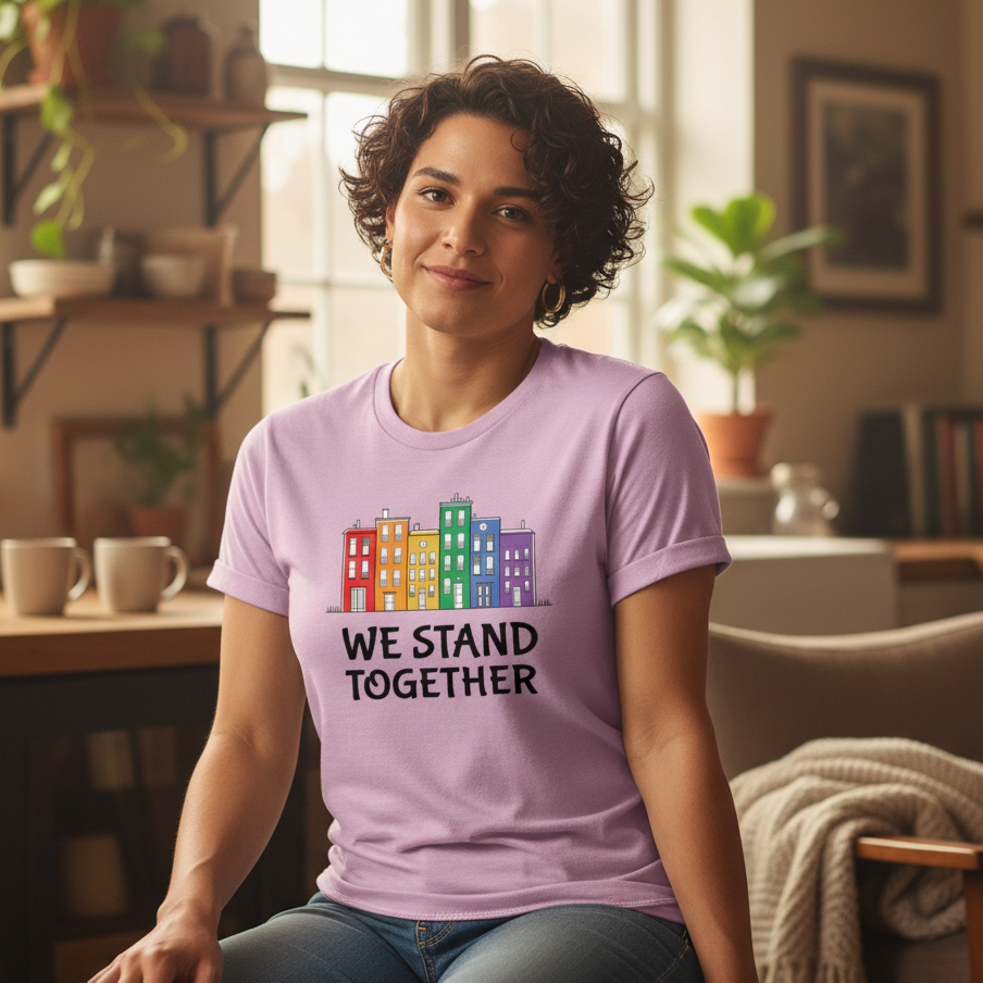 We Stand Together T-Shirt with bold "WE STAND TOGETHER" and rainbow-hued row houses, worn by a smiling queer woman in a sunny kitchen.