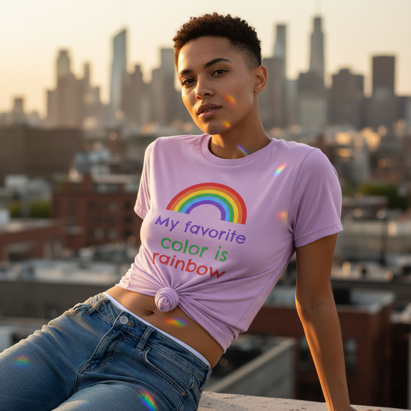 Person wearing a lavender knotted T-shirt reading “My favorite color is rainbow” on a rooftop