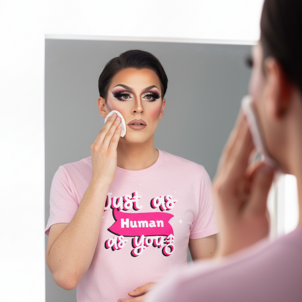 Person in dramatic makeup wipes their cheek while wearing a pink “Just as Human as You” T-shirt