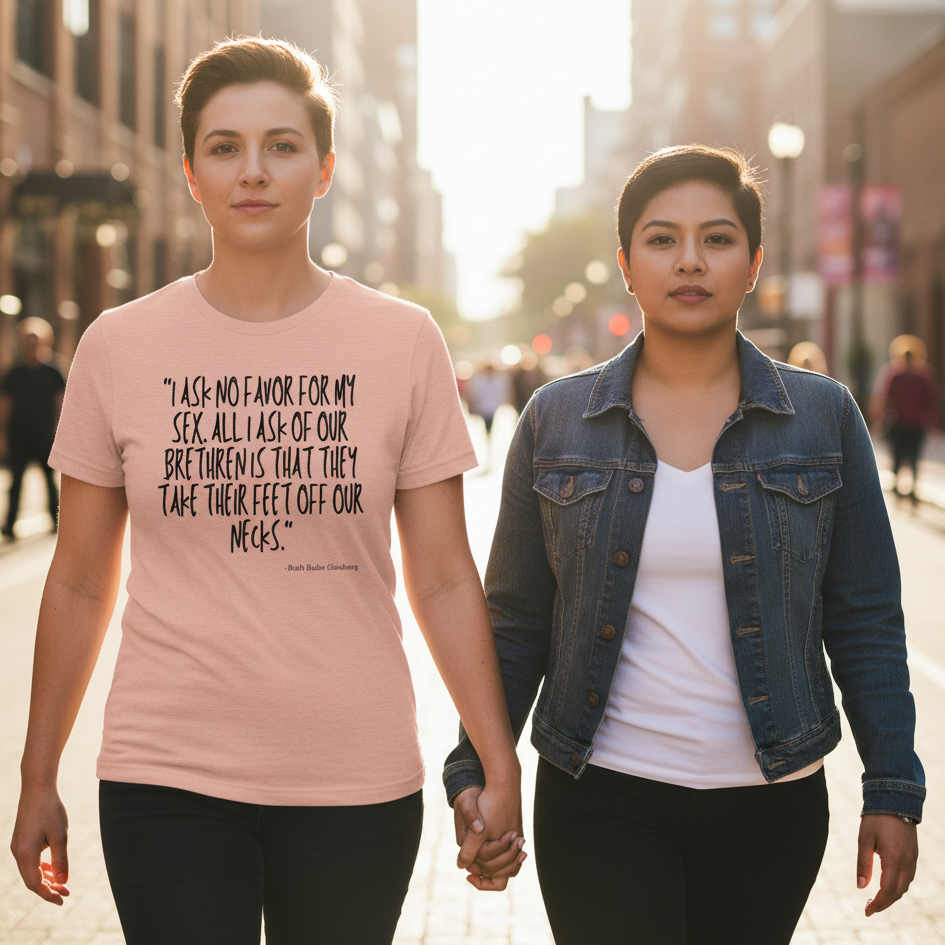 Two people walk hand in hand; one wears a pink quote-print T-shirt on a city street