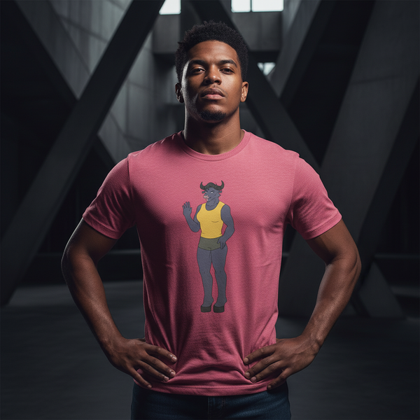 Bull Dyke Unisex T-Shirt with a cartoon purple-skinned minotaur in a yellow tank and black shorts; bold, queer-coded design.