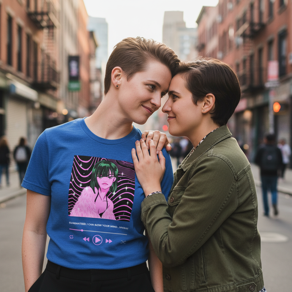 Guaranteed, I Can Blow Your Mind...Mwah!" T-shirt with bold anime graphic worn by a smiling queer woman on a city street.