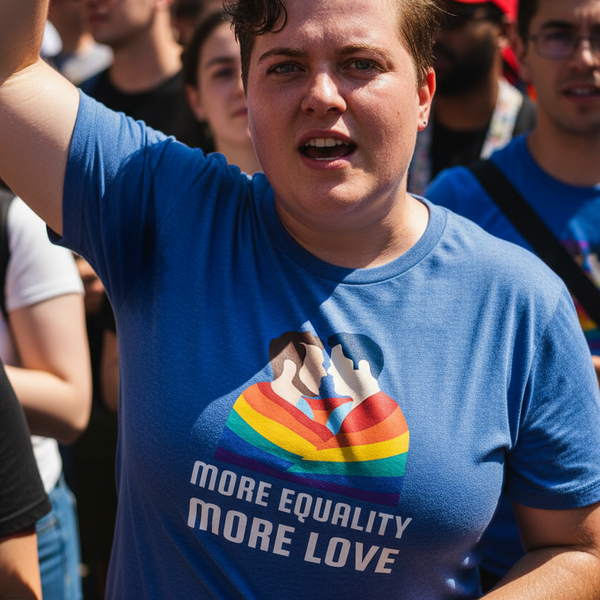 Person in a blue T-shirt reading “MORE EQUALITY MORE LOVE” at a rally