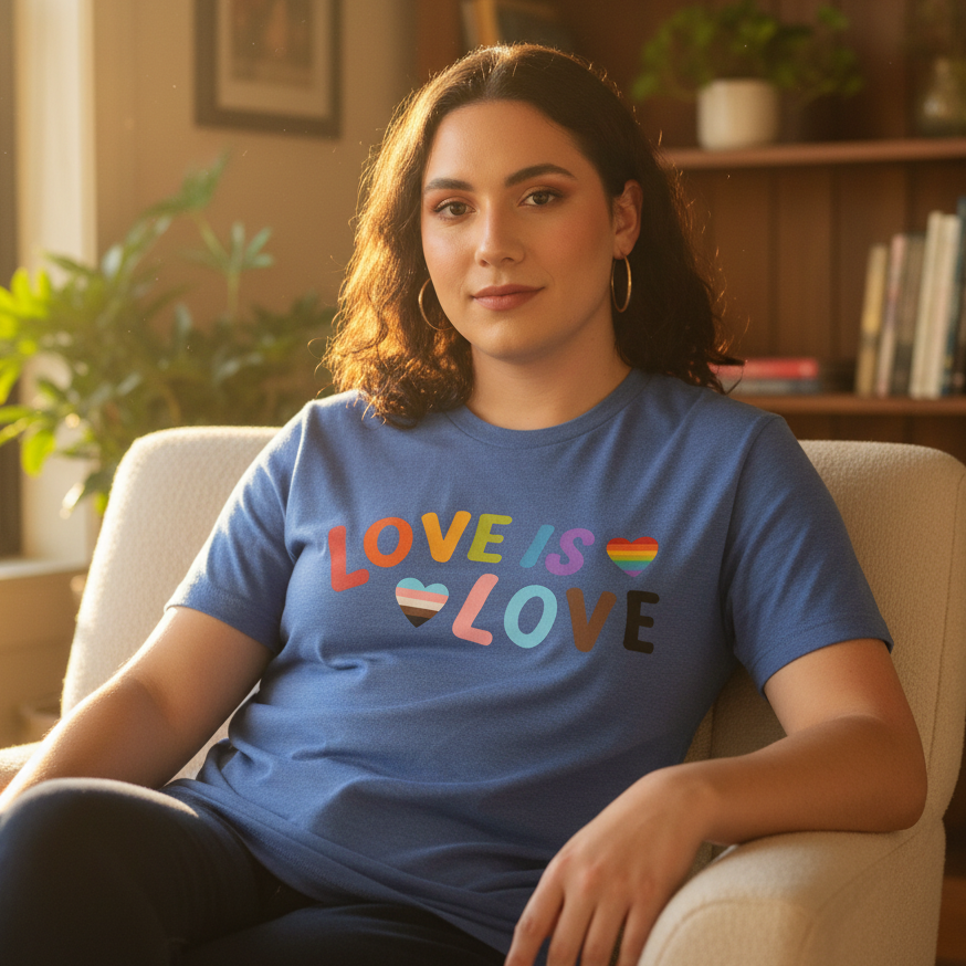 Love is Love LGBTQ T-shirt worn by a woman with curly brown hair, lounging on a beige chair in a warm, sunlit queer cozy room.