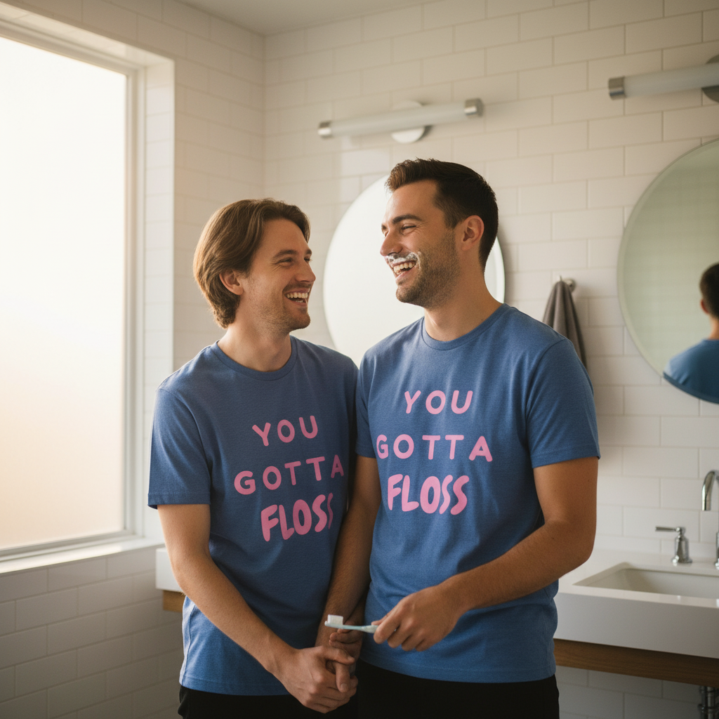 Two smiling people wear blue T-shirts reading “YOU GOTTA FLOSS” in a bathroom