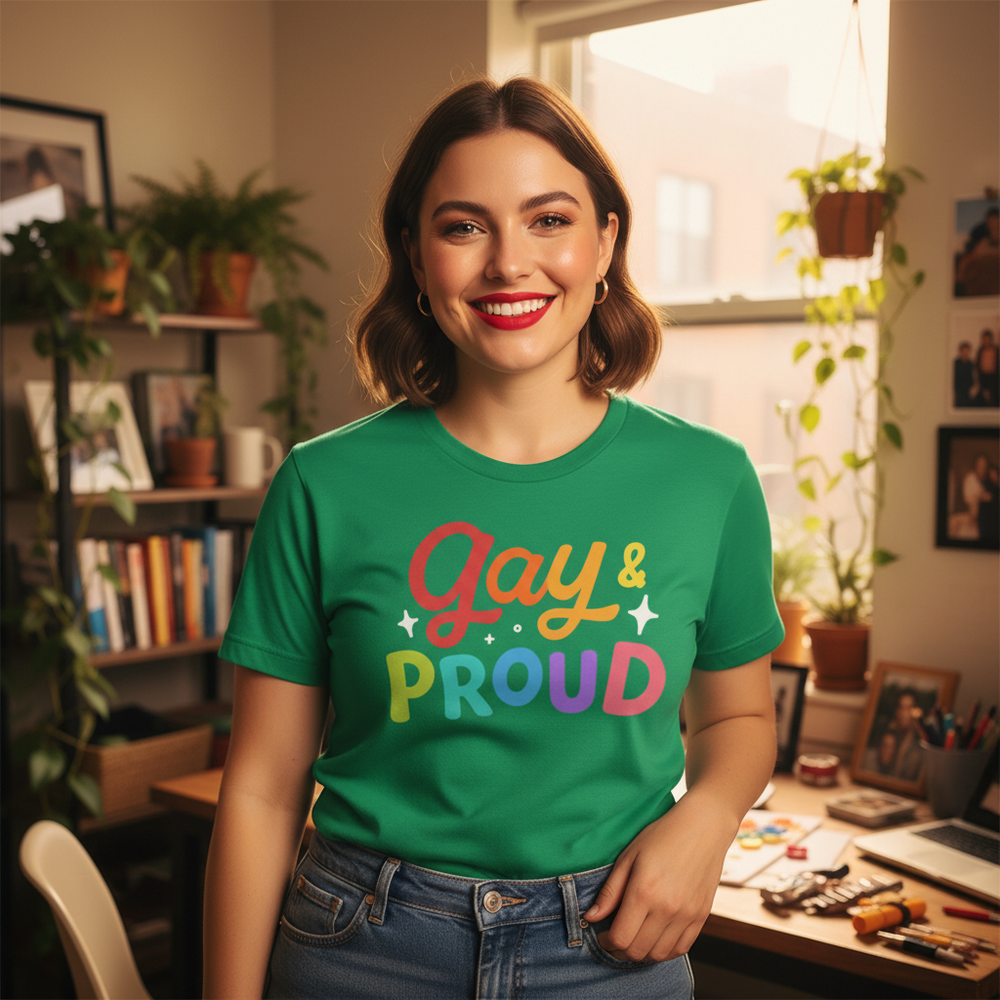 Gay & Proud T-Shirt: soft cotton, “Gay & Proud” in bold rainbow letters. Queer femme smiles in a sunny, plant-filled room.