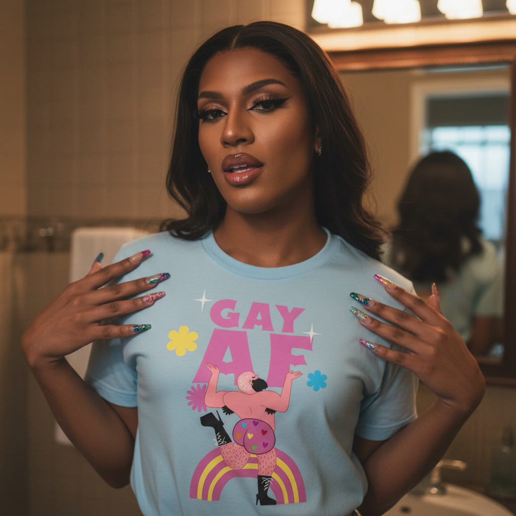 Light blue "Gay AF" tee with cartoon figures, rainbows, and flowers worn by long-haired person with colorful makeup in bathroom.