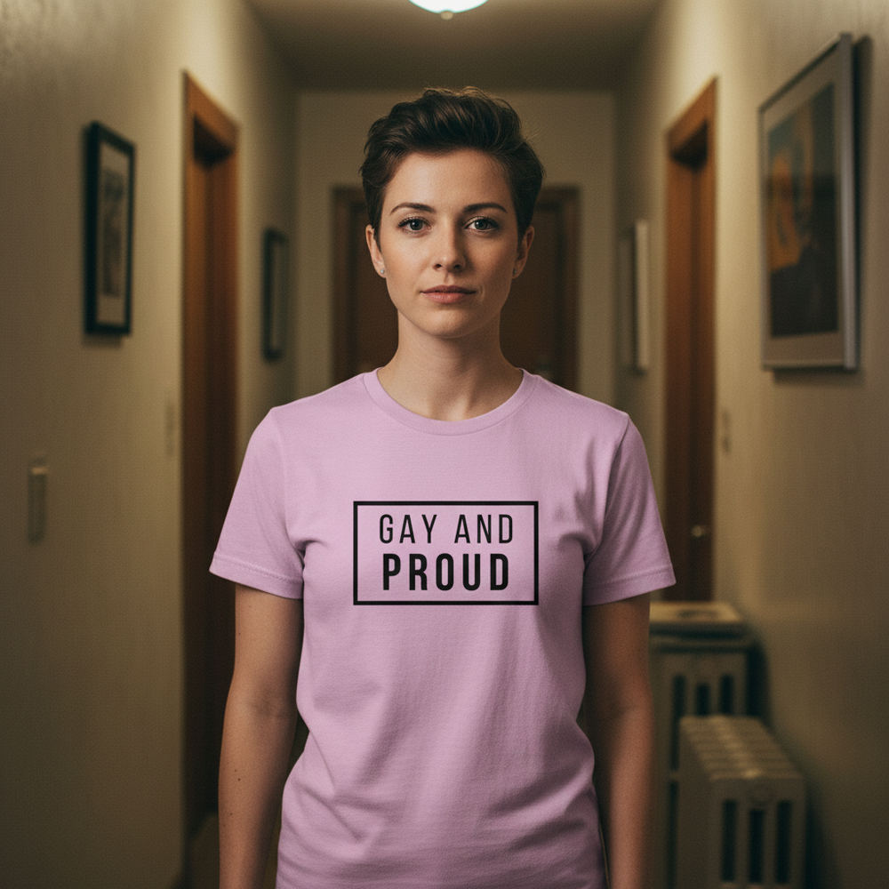 Light pink unisex cotton Gay And Proud T-Shirt with bold “GAY AND PROUD” lettering, worn by a person with short hair.
