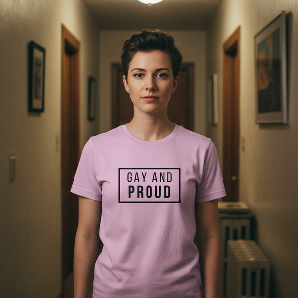 Light pink unisex cotton Gay And Proud T-Shirt with bold “GAY AND PROUD” lettering, worn by a person with short hair.