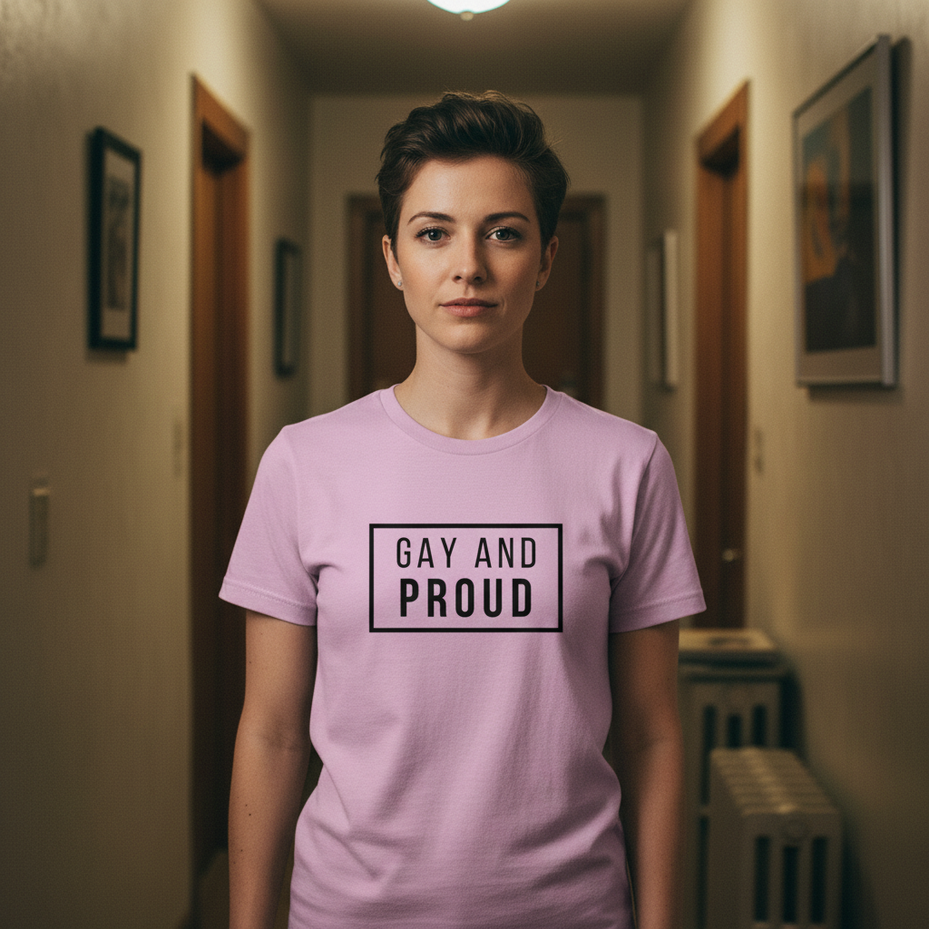 Light pink unisex cotton Gay And Proud T-Shirt with bold “GAY AND PROUD” lettering, worn by a person with short hair.