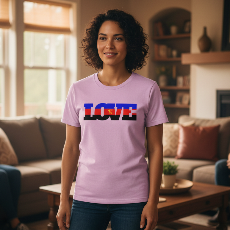 Polyamory Love T-Shirt in light purple, “LOVE” in bold letters with π as the O, red and blue stripes; femme person smiling.