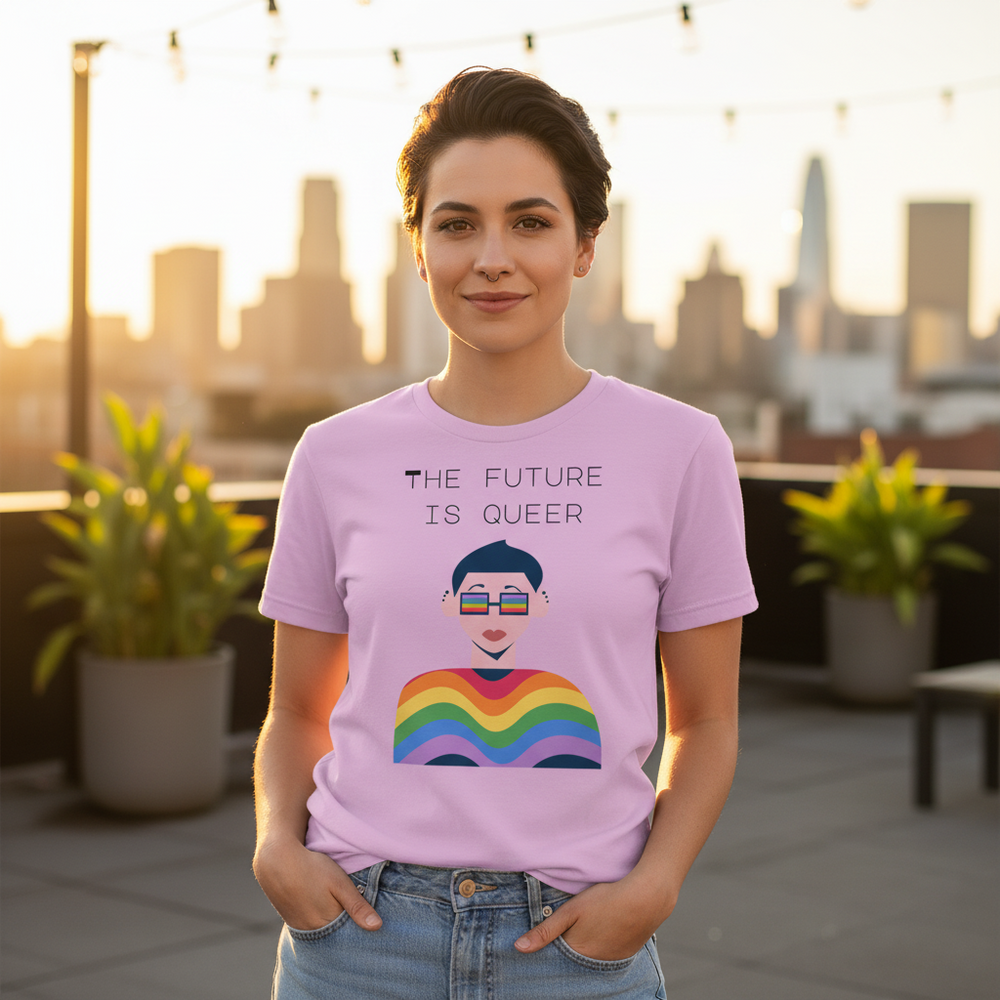 The Future Is Queer" T-shirt with a rainbow design, worn by a smiling person with short dark hair on a sunset rooftop.