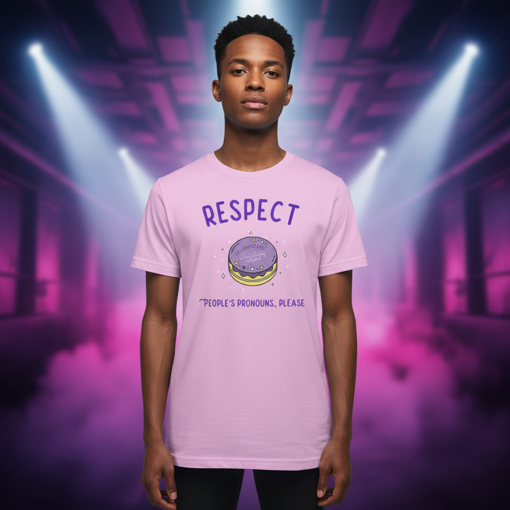 Respect People’s Pronouns Please T-Shirt on a young man; bold “RESPECT” over a sandwich, “People’s pronouns, please” below; purple neon vibes.