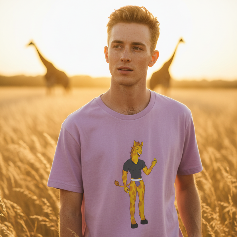 Person wearing a lavender T-shirt with a cartoon giraffe in a field of tall grass