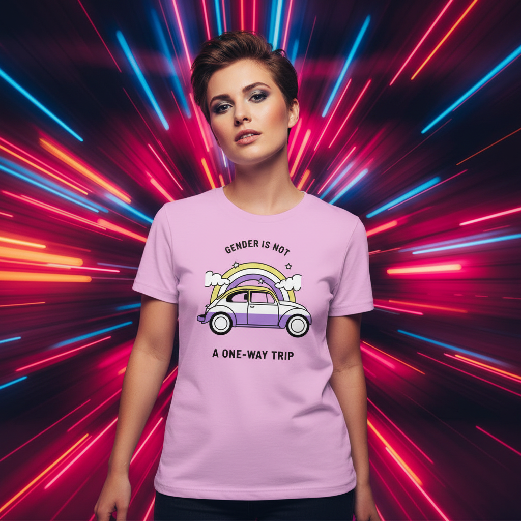 Lavender tee reading “Gender Is Not A One-Way Trip,” with rainbow, clouds, and car. Neon pink, blue, purple lights behind.