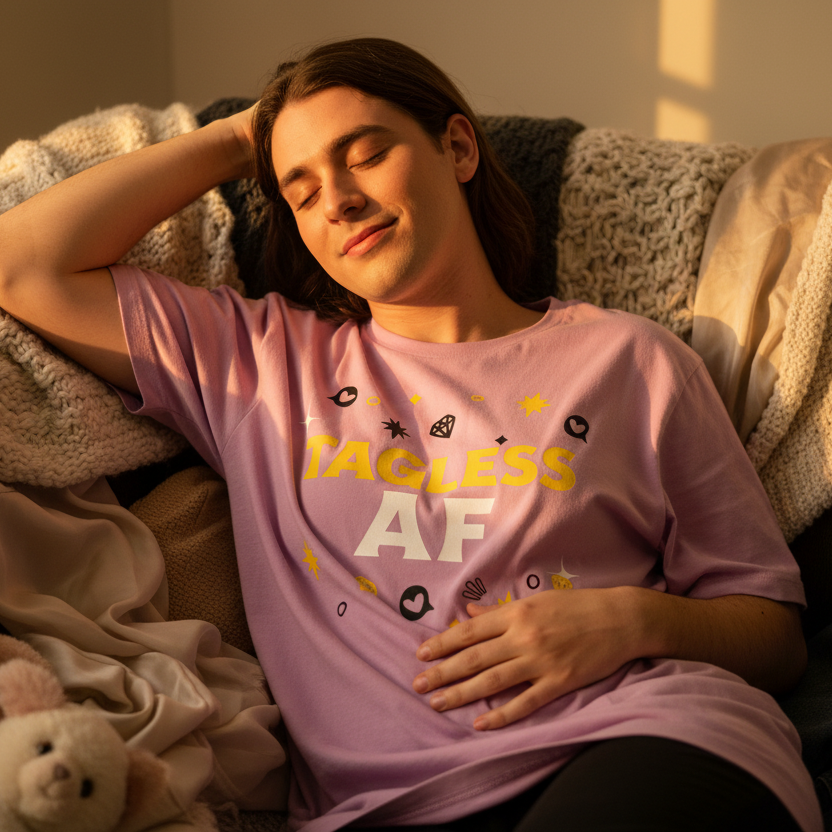 Person relaxing on cozy surface wearing Tagless AF T-Shirt with pride-inspired icons, embodying LGBTQIA+ empowerment and self-expression. Nearby, a plush teddy bear enhances the warm, inclusive atmosphere.