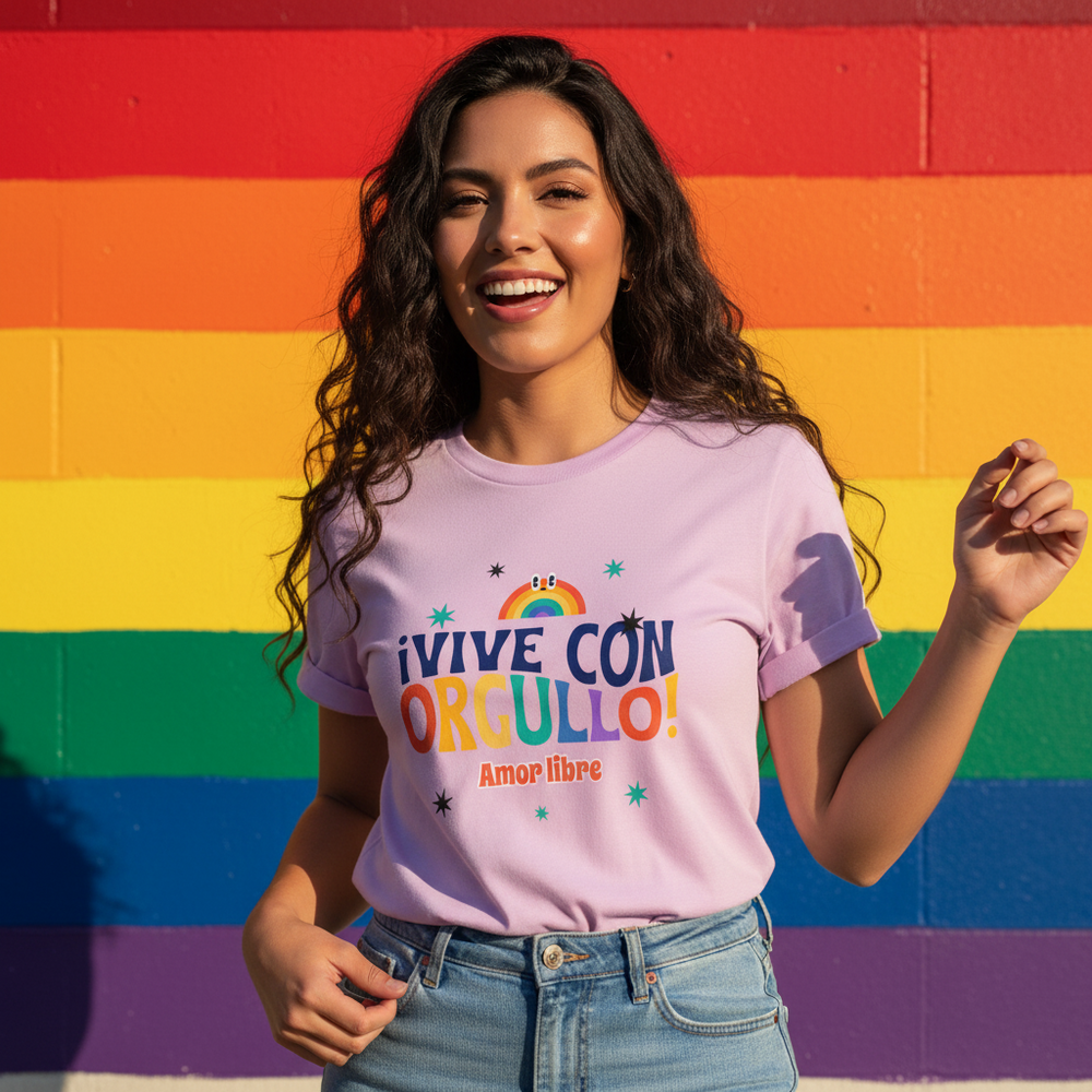 Smiling person wearing a lavender T-shirt reading “¡VIVE CON ORGULLO! Amor libre”