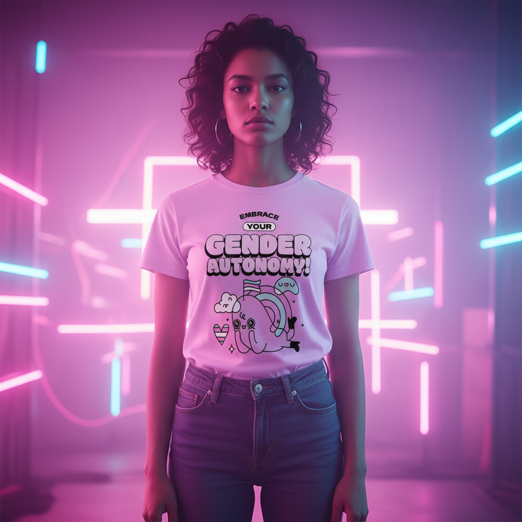 Embrace Your Gender Autonomy! T-shirt with bold, colorful queer-themed graphics, worn in neon pink and blue-lit space.