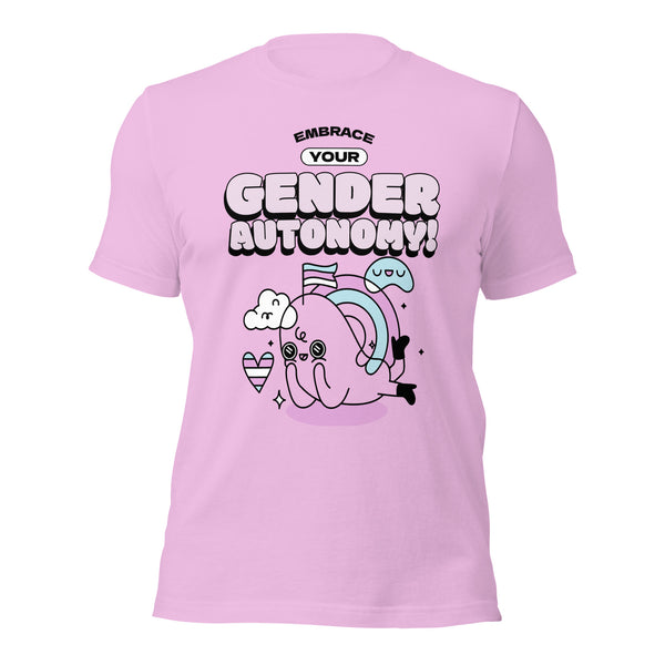 Light pink Embrace Your Gender Autonomy! T-shirt featuring a cartoon design with a cute octopus-like character, pastel trans flag rainbow, and pride-themed accents, promoting LGBTQIA+ pride and self-expression.