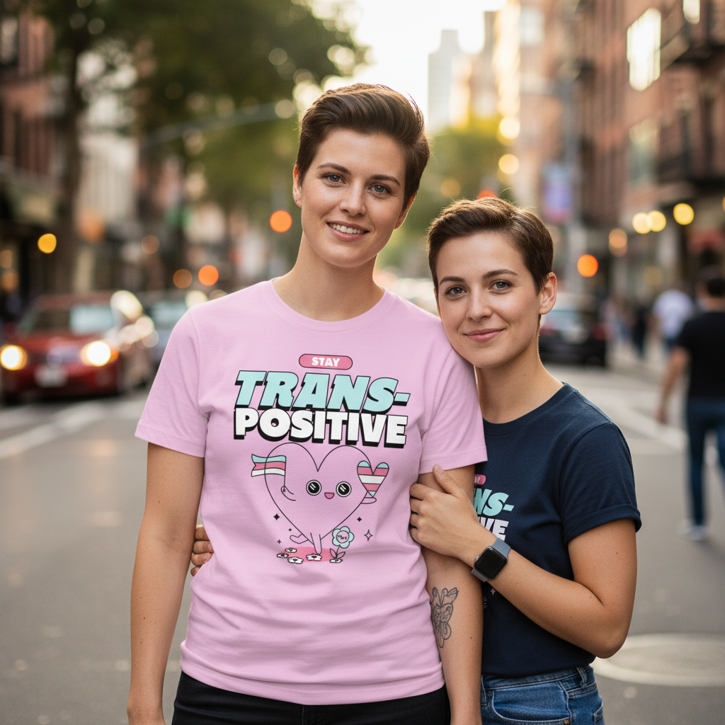 Stay Trans-Positive T-shirt in bold print on one smiling queer; another in navy hugs their arm. Both beam with LGBTQ+ pride on city street.
