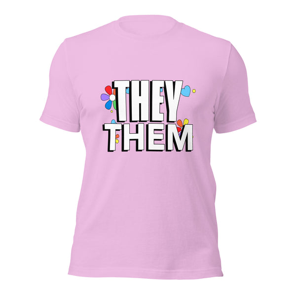 They / Them T-shirt with bold white text, black outline, flower and dot details—repping nonbinary pride and queer vibes.