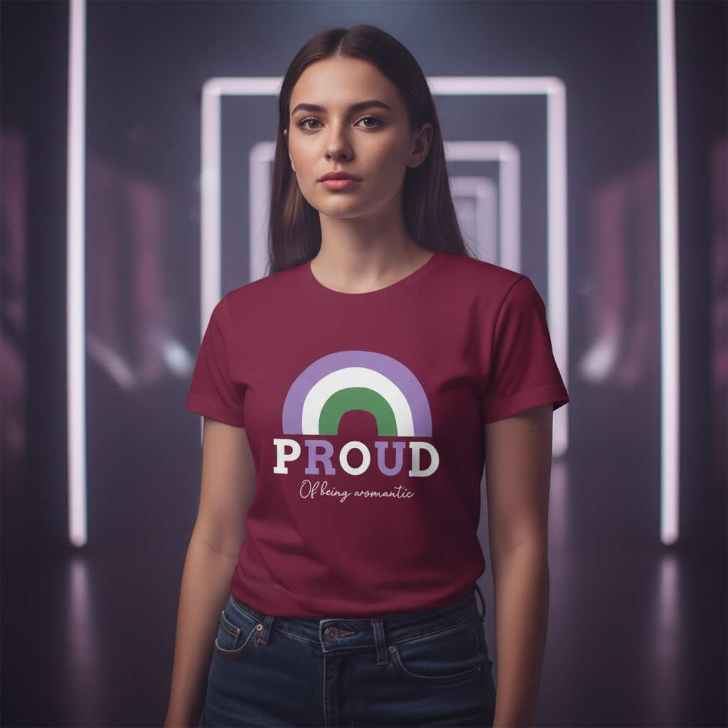 Proud Of Being Aromantic T-Shirt with a rainbow in aromantic colors, worn by a serious femme with long brown hair, vibing LGBTQ+ pride.