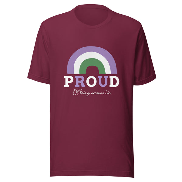 Burgundy T-shirt featuring a three-band arc resembling the aromantic pride flag, with PROUD and Of being aromantic. A soft, empowering queer fashion statement from Queer In The World: The Shop.