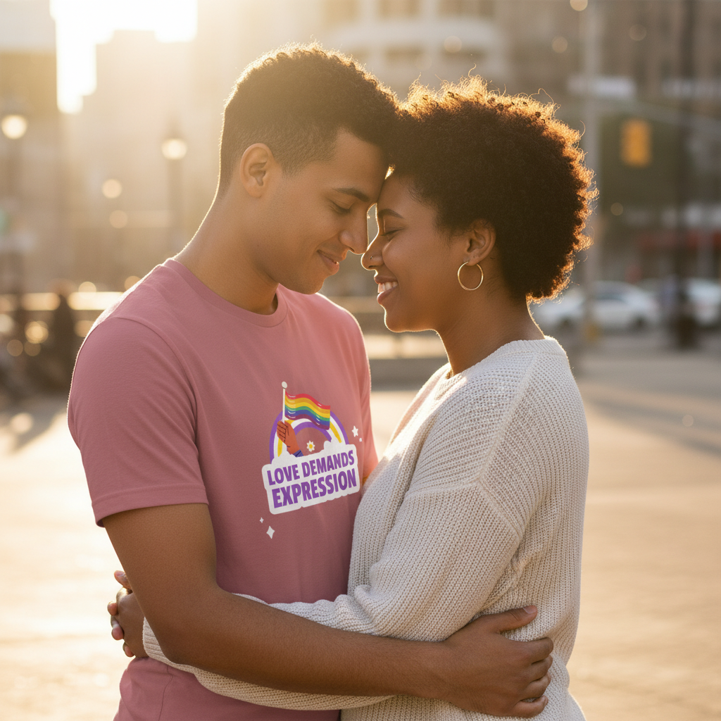 Love Demands Expression T-shirt with bold rainbow graphic, worn by a queer couple hugging in golden sunlight, city background softly blurred.