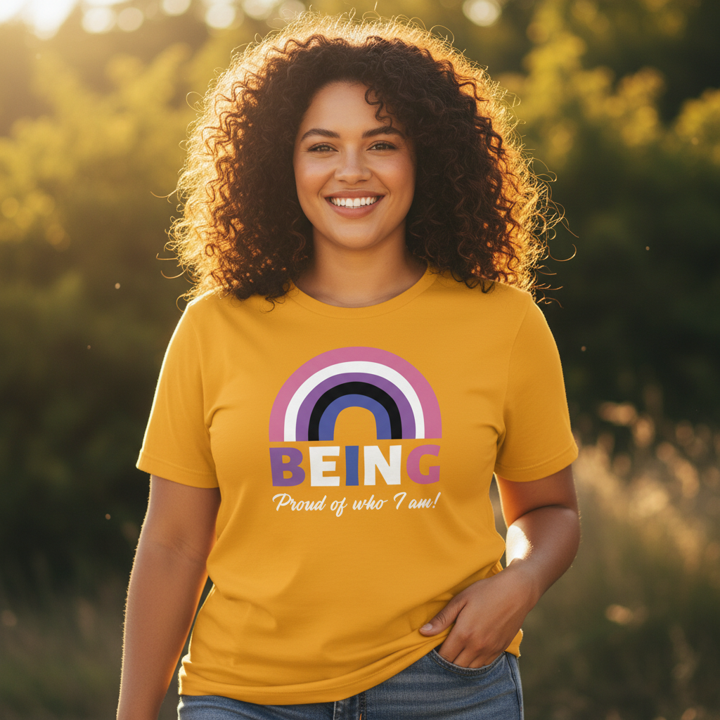Young woman in a mustard-yellow Being Proud Of Who I Am! T-shirt with rainbow graphic, smiling in a sunlit park, symbolizing LGBTQIA+ pride and empowerment.