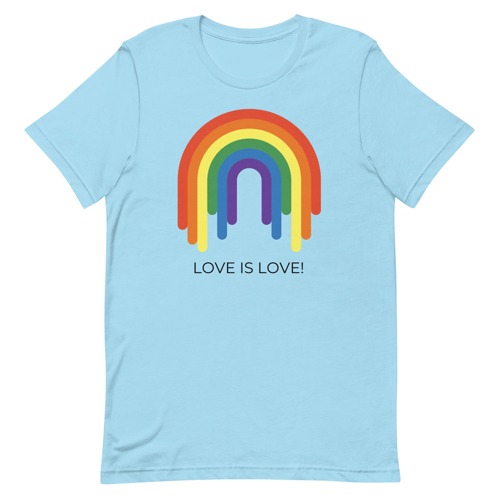 Flat-lay light-blue T-shirt with a rainbow arch graphic and “LOVE IS LOVE!” text