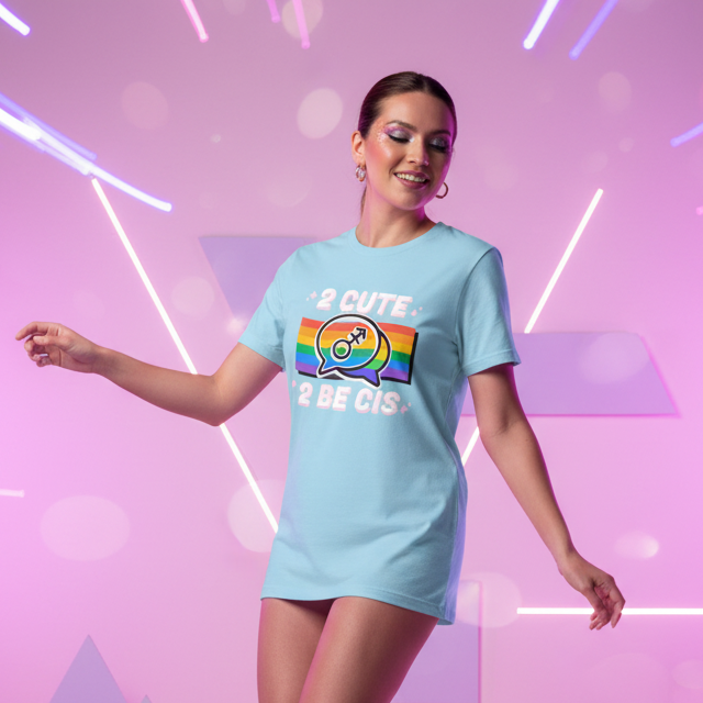 2 Cute 2 Be Cis" T-shirt, worn by a smiling person with bright makeup, pops against neon pink; queer pride and confidence shine.