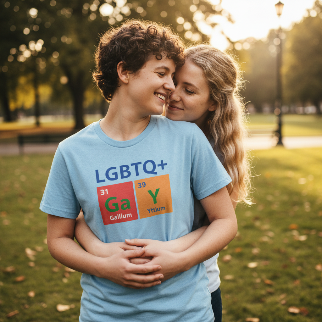 LGBTQ+ "GaY" T-shirt with Gallium and Yttrium elements, worn by a smiling queer person hugging a friend in a sunny park.