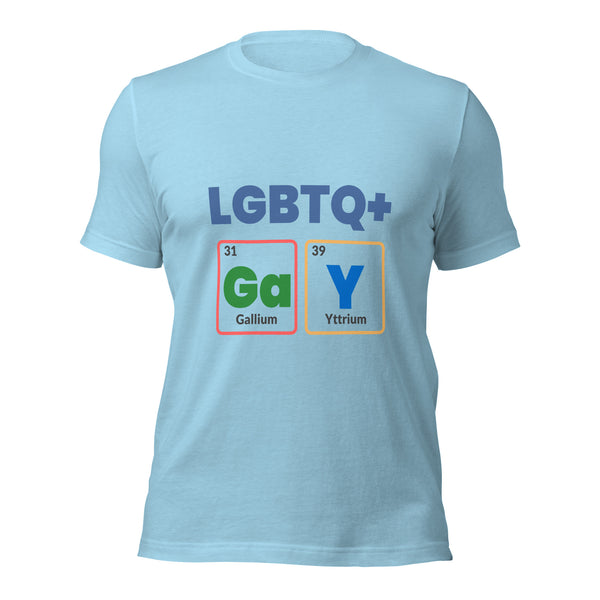 Light blue unisex pride T-shirt with bold blue 