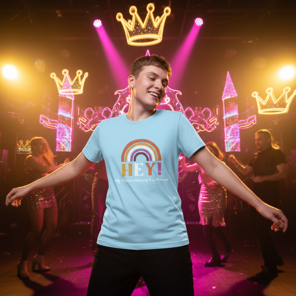 Light blue T-shirt with "Hey! My Prince Charming Is A Princess!" slogan, rainbow accents, dancing at a neon-lit queer club party.