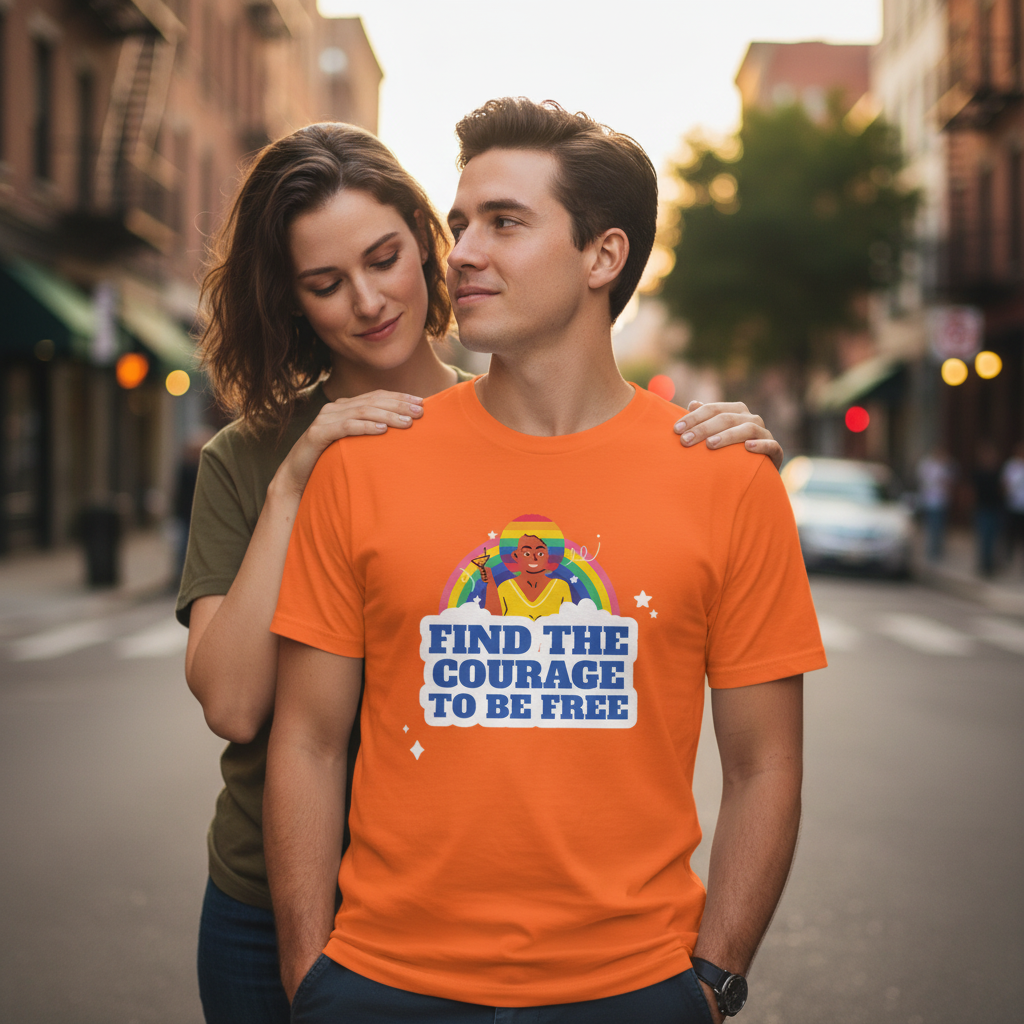 Find The Courage To Be Free T-Shirt worn by a man as his partner, in a khaki shirt, hugs him from behind at sunset on a city street.