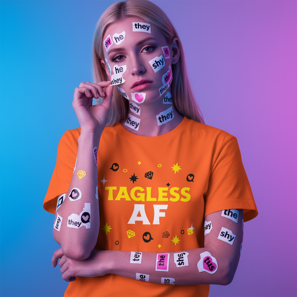 Young person wearing a bright orange Tagless AF T-Shirt, adorned with playful stickers, embodying pride and self-expression. The shirt combines comfort and queer empowerment, celebrating uniqueness and visibility.