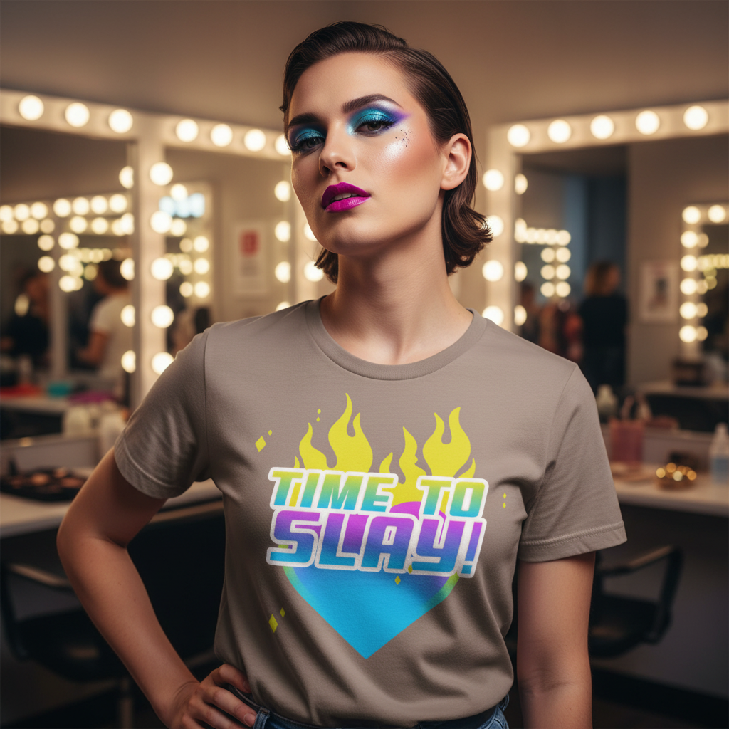 Time To Slay! T-Shirt" with yellow flames on display, worn by a fierce queer person in glam makeup, makeup room lit for celebration.