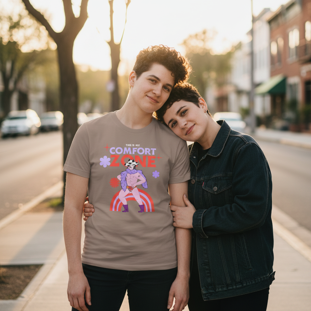 “This Is My Comfort Zone” slogan T-shirt with a cartoon figure, worn by one person smiling as their partner leans on their shoulder at sunset.