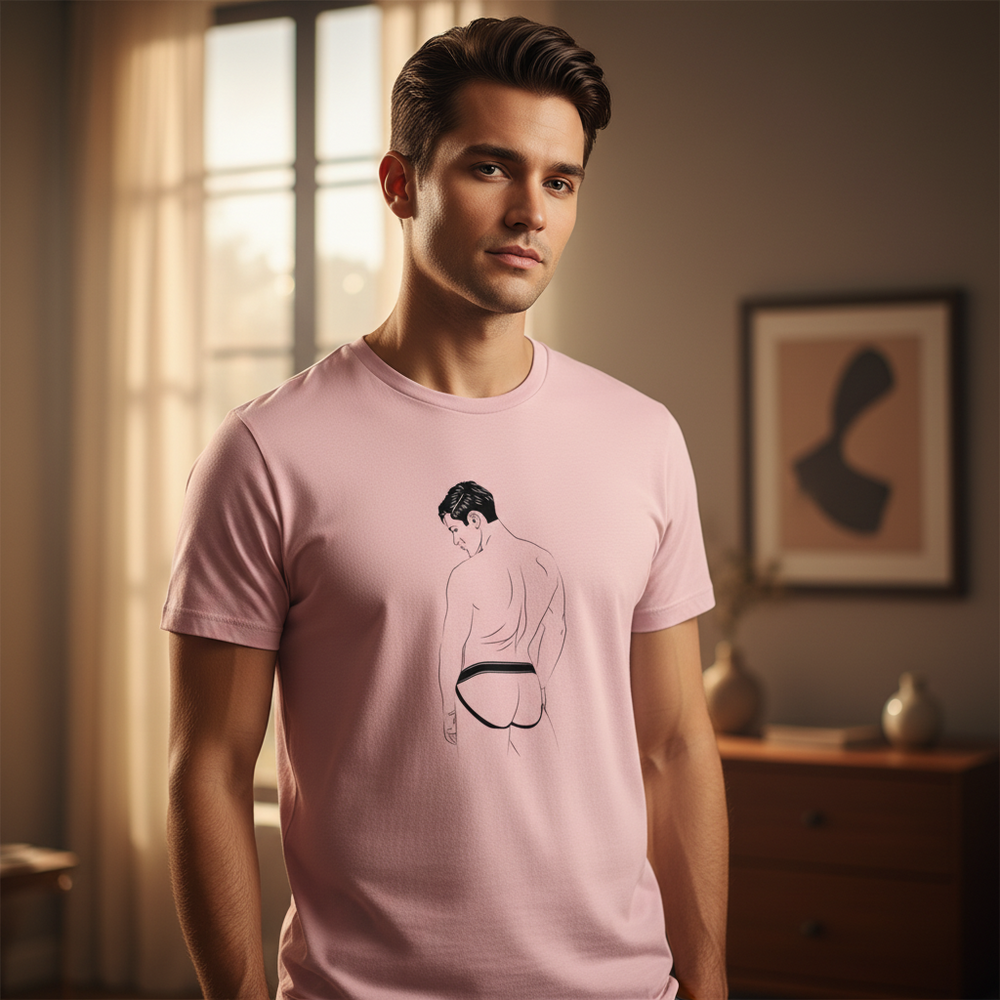 Light pink Jockstrap T-Shirt with minimalist back-view man in black underwear, worn by a young man indoors with soft light.