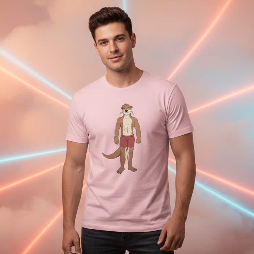 Light pink unisex Gay Otter T-Shirt with cartoon otter in red shorts, green boxing gloves. Pastel backdrop, neon lights.
