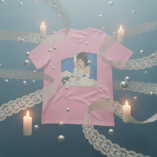 Pastel-pink Madonna Like a Virgin Unisex T-Shirt features a dreamy illustration of a dark-haired woman in a white gown, surrounded by lace and candles, embodying prideful and inclusive self-expression.