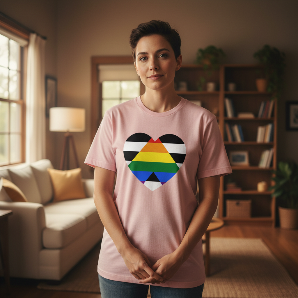 LGBTQ Ally T-Shirt with a heart graphic merging straight ally and rainbow Pride flags, worn by a person with short dark hair indoors.