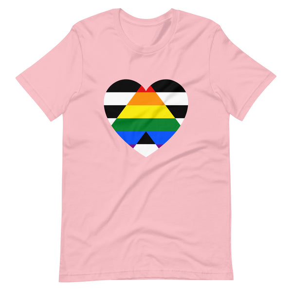 LGBTQ Ally T-Shirt, light pink cotton tee with a bold chest heart featuring rainbow, black, and white stripes—showing ally pride.