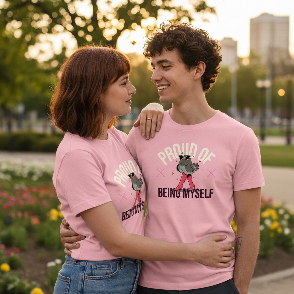 Matching "Proud Of Being Myself" T-shirts worn by a queer couple in a park, embracing LGBTQ+ pride among trees and city buildings.