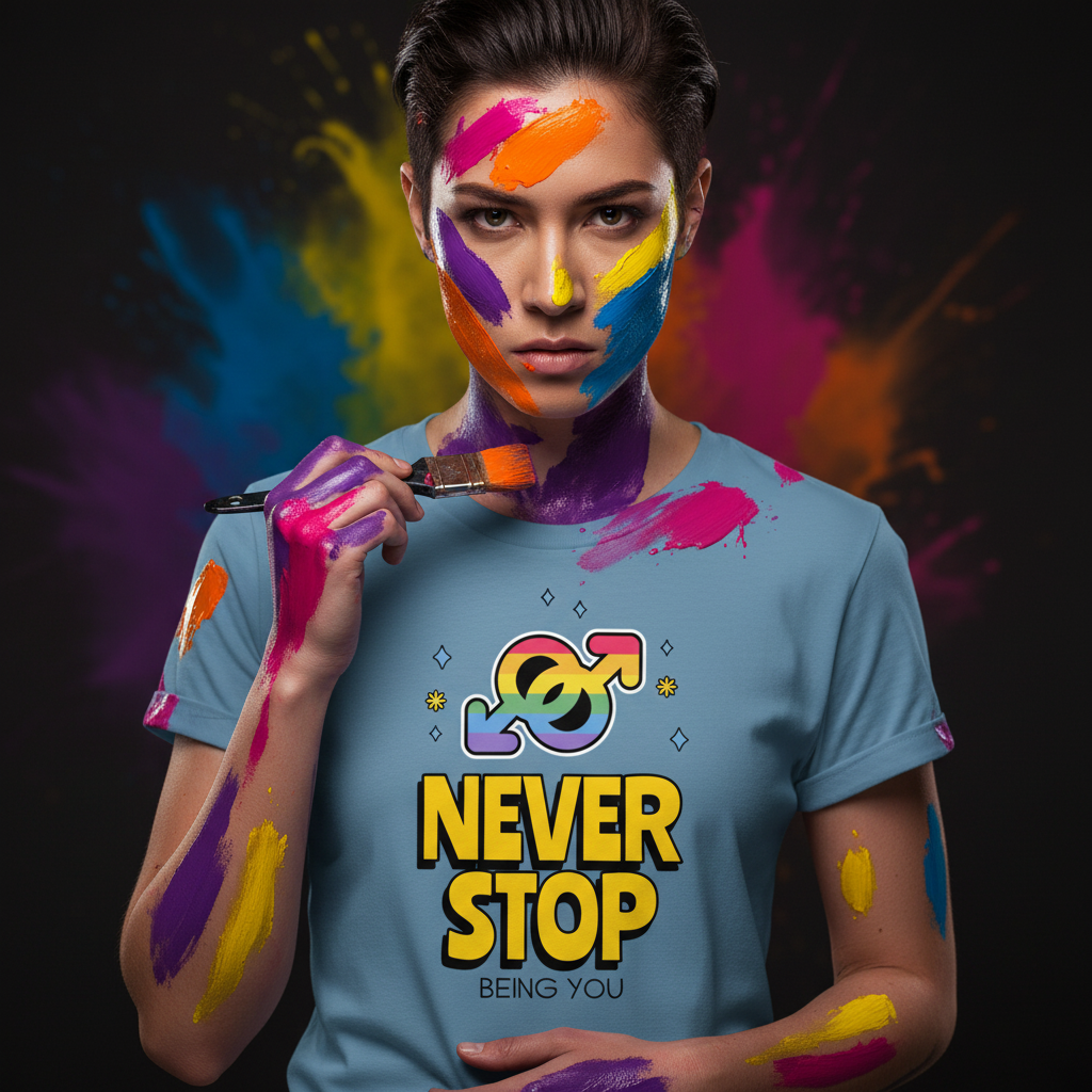 Person with paint-covered skin holds a paintbrush, wearing Never Stop Being You T-Shirt showcasing a rainbow symbol and empowering text, embodying prideful self-expression against a colorful paint-splattered backdrop.