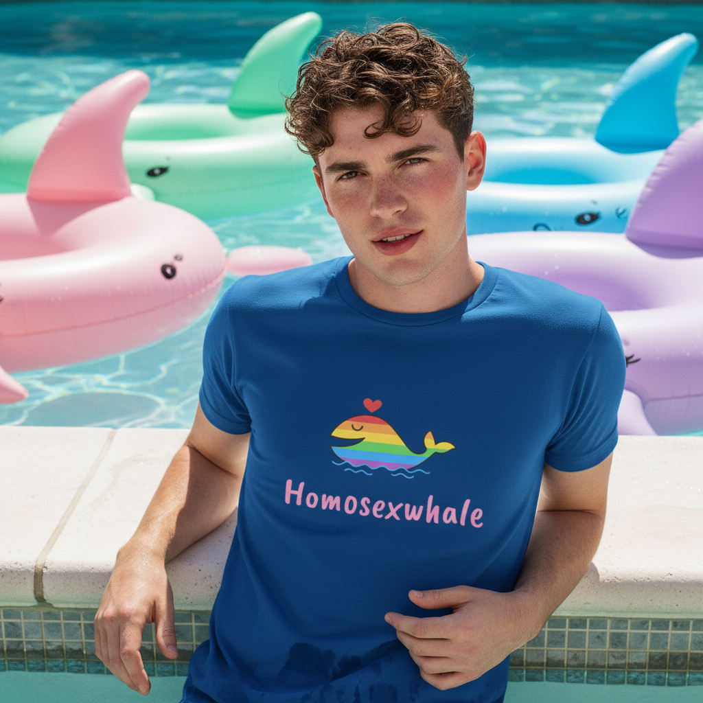 Person seated beside a pool wears a blue T-shirt with a rainbow whale and “Homosexwhale” text