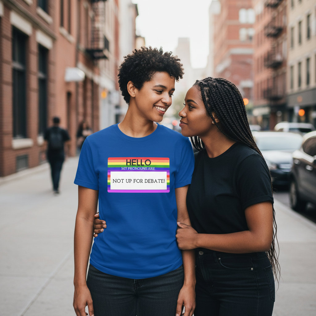 Graphic tee reading "Hello My Pronouns Are Not Up For Debate" with rainbow name tag, worn by smiling queer women on city sidewalk.