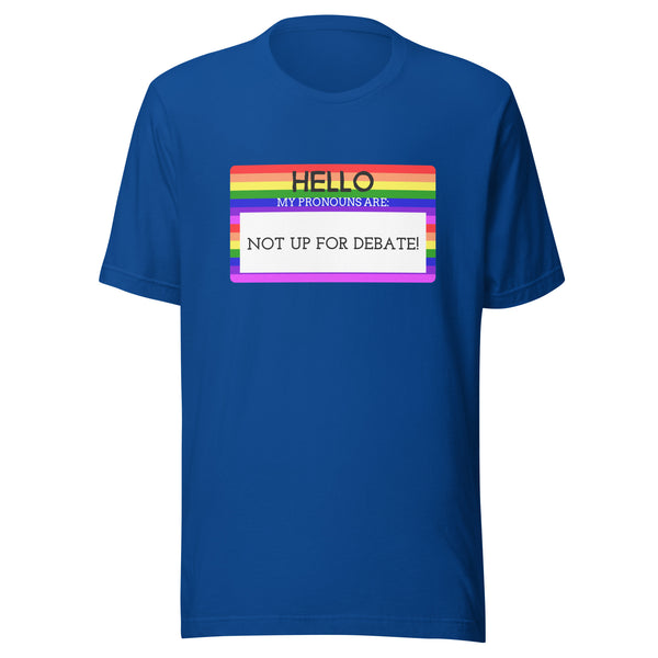 Blue T-shirt with rainbow name tag graphic saying “HELLO MY PRONOUNS ARE: NOT UP FOR DEBATE!”, repping queer affirmation.