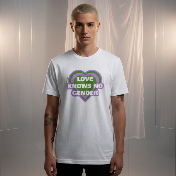 Love Knows No Gender Genderqueer T-shirt with a green and purple heart, worn by a short-blond-haired person; tattoos show.