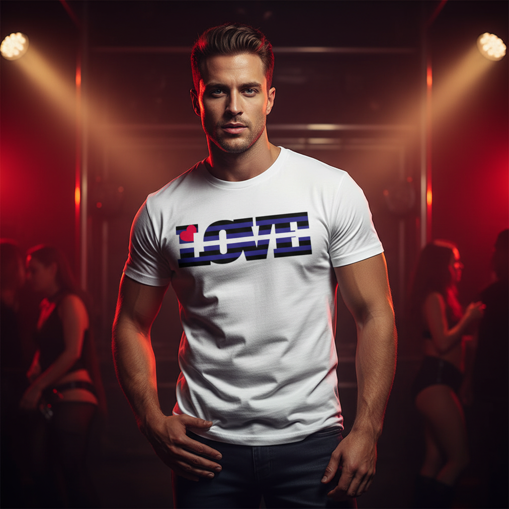 Unisex Leather Pride Love T-Shirt with bold "LOVE" print, rocked by a confident queer man in a dimly lit, red-tinged club scene.